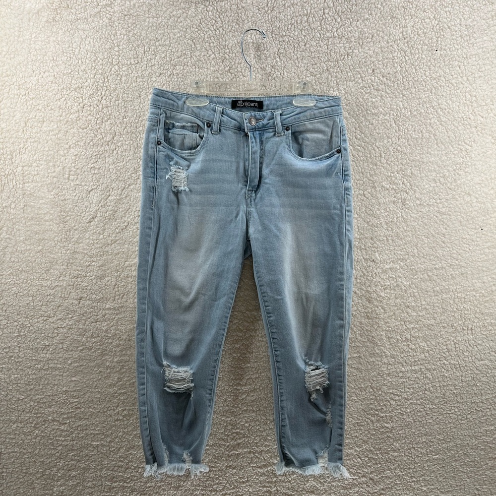 APRIL GIRL Girls Jeans size JR 9,  Blue Light Wash, Raw Hem, Distressed, Ripped
